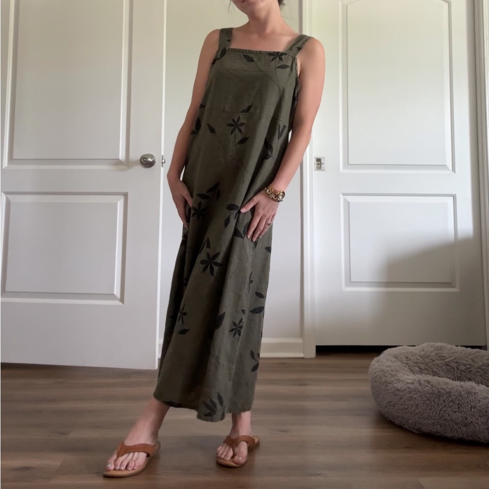 Vintage Linen Positive Attitude Green Sheath Midi Dress Square Neck Sleeveless